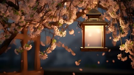 Lanterns with pink cherry blossoms. 3d rendering
