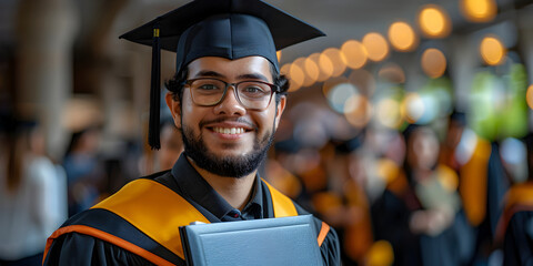 Cheerful young man graduate portrait in mortarboard and bachelor gown, graduation ceremony concept. Congratulation the graduates in University, education background with copy space.