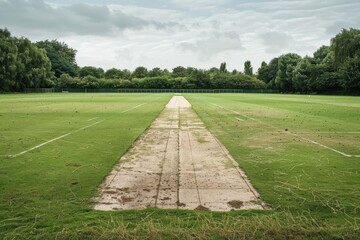 Empty Cricket Pitch Ready for Play with Wicket and Grass Field for Team Sport Game - obrazy, fototapety, plakaty