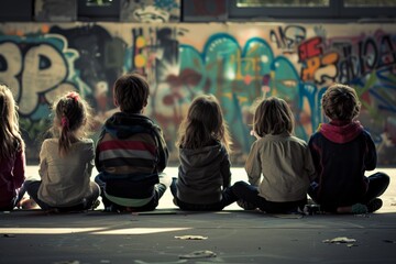Group of kids sitting on the ground in front of a graffiti wall - Powered by Adobe