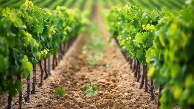 Green vineyards with rows of red Cabernet Sauvignon grape variety of Haut-Medoc vineyards in Bordeaux, left bank of Gironde Estuary, Margaux village, France, ready to harvest