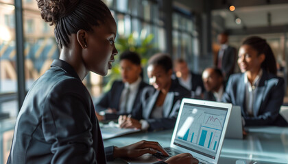 depicting an African businesswoman analyzing a complex chart on her laptop while her team engages in a lively discussion in the background, emphasizing her leadership and expertise - obrazy, fototapety, plakaty