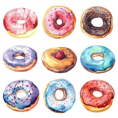 Deliciously Sweet Watercolor Donuts Set for Bakery Illustration and Cafes. Colorful Glazed Dessert