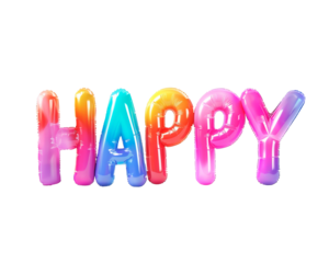 Photo with inflatable neon multicolored letters "HAPPY". Minimalistic balloon lettering isolated on a transparent background