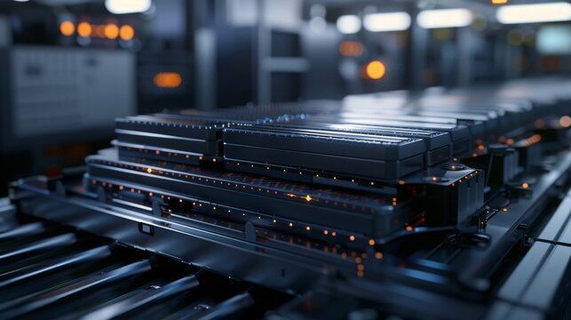 High Capacity Battery on Conveyor. Lithium-ion Cells for High-voltage Electric Vehicle Batteries Manufacturing Process. Battery Cells for Automotive Industry on Production Line.