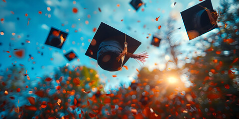 Graduation mortarboards caps flying in the air with confetti, graduation ceremony concept. Congratulation the graduates in University, festive education background.