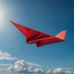 Red paper airplane soars through bright blue sky with few white clouds. Sun shines brightly in upper left corner of frame, casting warm glow on scene. Airplane angled slightly upward.