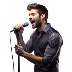 Naklejka premium Passionate Male Singer Performing Live With a Microphone on Transparent Background