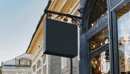 Blank mock up design of cafe signboard on nice building outdoors
