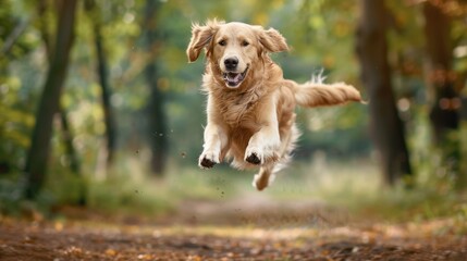 Beautiful Golden Retriever Jumping in the Air - Cute Canine Doggy with Domestic Friend on Background