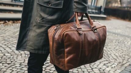 Brown Duffel Bag on Men's Shoulder. Perfect Travel Companion for Sports, Fitness and Business Trips