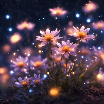 close-up macro photo of glowing flowers at night, night sky, luminous stars