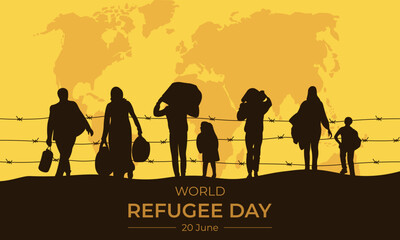 World Refugee Day.Horizontal banner with silhouettes of refugees.Vector illustration.
