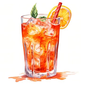 recommend clip art: Aperol spritz. Summer cocktail. Alcohol drink clipart. Watercolor illustration. Generative AI. Detailed illustration.