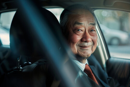 Portrait of a business executive man commuting to work sitting back seat of the car