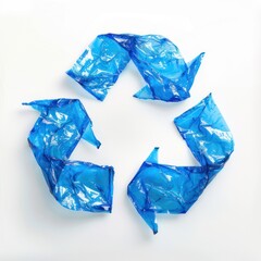 recycling sign made from a blue plastic plastic bag. Plastic recycling sign on white background