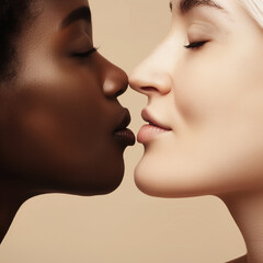 Obraz premium Profile of two young women closed eyes, one Caucasian and the other African American, as they are about to exchange a kiss on the lips. Concept of love, relationship, positive feelings, happiness