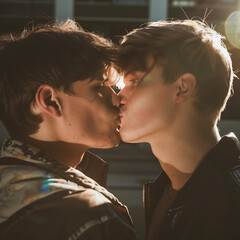 Two young caucasian gay boys in outdoors exchange a kiss on the lips. Concept of love, relationship, positive feelings, happiness
