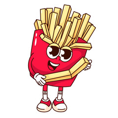 Groovy French fries box cartoon character holding potato chips. Funny retro happy paper container, salty potato snack food for movie mascot, cartoon sticker of 70s 80s style vector illustration