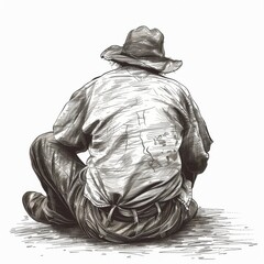 Beggar drawing, homeless sketch, old is begging with hat on ground back view, hand drawn imitation - obrazy, fototapety, plakaty