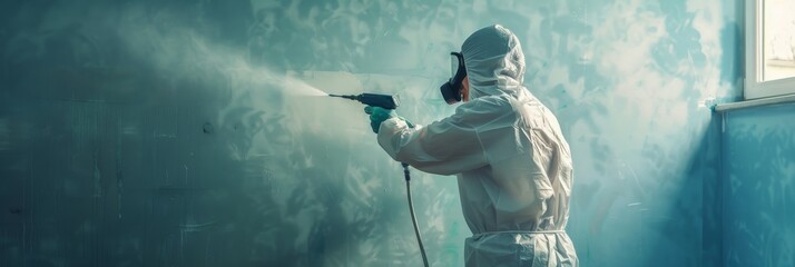 Decorator in protective overalls painting wall with spray gun indoors