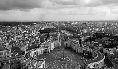 view of St. Peter square in Rome from Dome in black and white