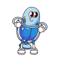 Groovy studio microphone cartoon character with smile. Funny retro happy blue mic for recording music or interview, classic microphone mascot, cartoon sticker of 70s 80s style vector illustration