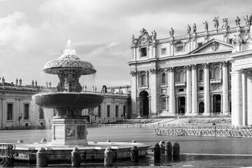 fountains in Vatican City in black and white