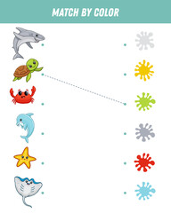 Match colorful sea animals by colors. Educational logical game for kids. Worksheet. Sea creature. Crab, starfish, stingray, sea turtle, shark, dolphin. Vector