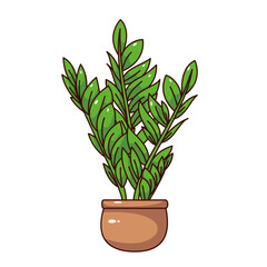 Groovy cartoon Zamioculcas plant in clay brown pot. Funny retro rounded planter with tropical plant, office and home garden mascot, cartoon potted flower sticker of 70s 80s style vector illustration