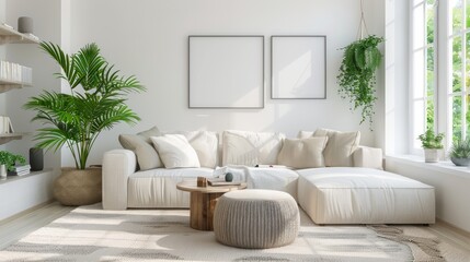 Bright and cozy modern living room interior have sofa and plant with white wall.