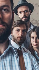 A group of stylish adults with a vintage look posing confidently in front of a neutral background, ideal for modern-retro themed projects.