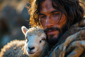 A movie still of Jesus with long hair and brown eyes, wearing the traditional golden tunic around his head holding an adult lamb in a desert at sunset. Created with Ai - obrazy, fototapety, plakaty