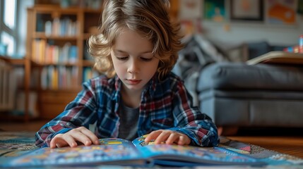 A focused child engrossed in reading a colorful book in a cozy home environment. 