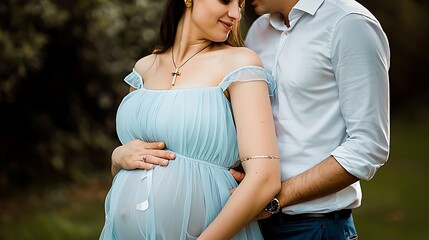 A loving couple awaits the arrival of their baby, with the woman showcasing her pregnant belly in a gentle embrace with her partner against a natural backdrop. 