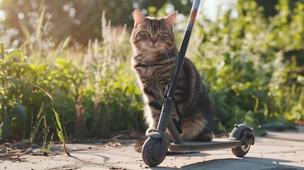 A majestic tabby cat sitting proudly next to a scooter in the warm sunlight of a tranquil outdoor setting.  - Powered by Adobe