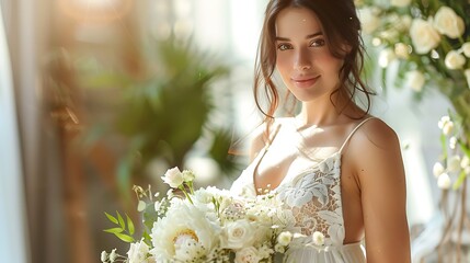 A radiant bride in a lace dress holding a bouquet of white flowers smiles gently in a sunlit room adorned with elegant floral decorations.  - Powered by Adobe