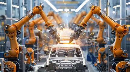 Industrial robots welding in an automated car assembly line with sparks flying around 