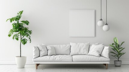 Bright and cozy modern living room interior have sofa and plant with white wall.
