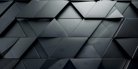 A realistic photo capturing an orderly array of sharp, metallic geometric shapes against a matte black background, creating stark contrast