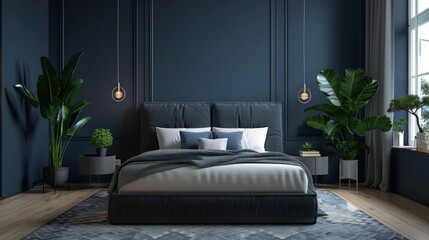 Dark bed and mockup dark blue wall in bedroom interior, 3D.