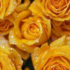 Seamless pattern of yellow roses flowers covered with rain drops