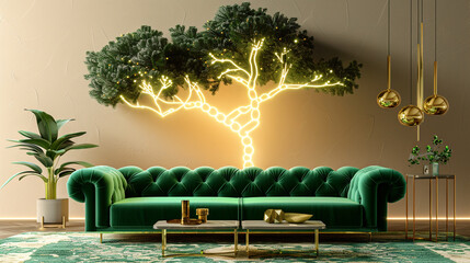 A modern living room featuring a green velvet sofa against a backdrop of an elegant neon-lit tree on a solid color wall. The inclusion of gold decorations, a 