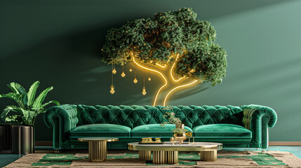 A modern living room featuring a green velvet sofa against a backdrop of an elegant neon-lit tree...