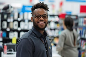 Obraz premium A friendly smartphone salesman in a store.