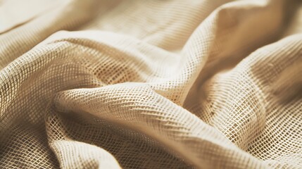 Close-up texture of a crumpled beige fabric with a wavy pattern offers a sense of softness and...