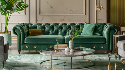 A showcase of modern luxury, this living room is adorned with a green velvet sofa, gold decorative...