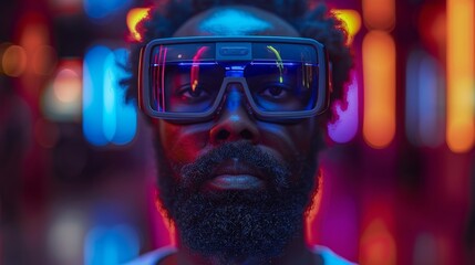 An image of a young guy with a beard wearing virtual reality glasses on a dark background. Augmented reality, science, future technology concept. VR. Futuristic 3D glasses with virtual projection.