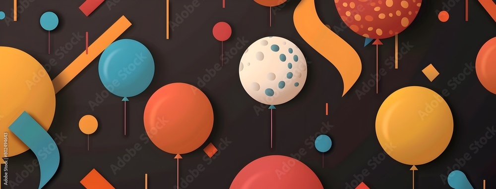 Poster abstract background with geometric shapes and colorful circles on a dark brown background, in the st