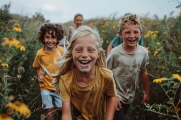 Group of kids having fun together in a field of yellow flowers.
